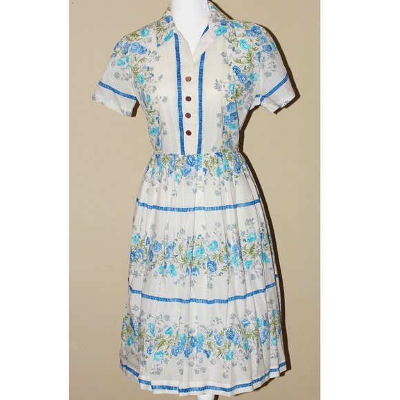 Vintage 1950s Blue Floral Border Cotton Dress